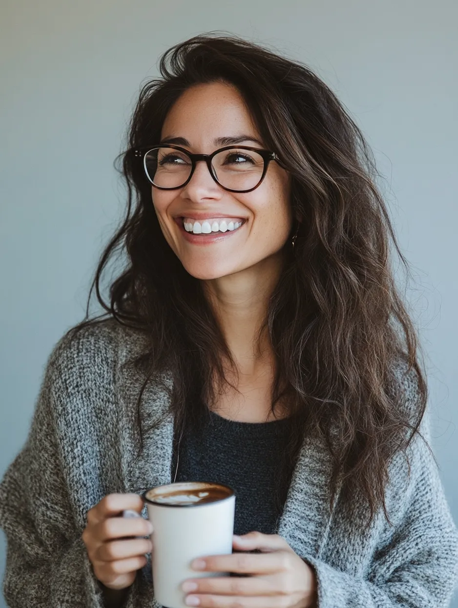 mujer sonriendo bebiendo cafe