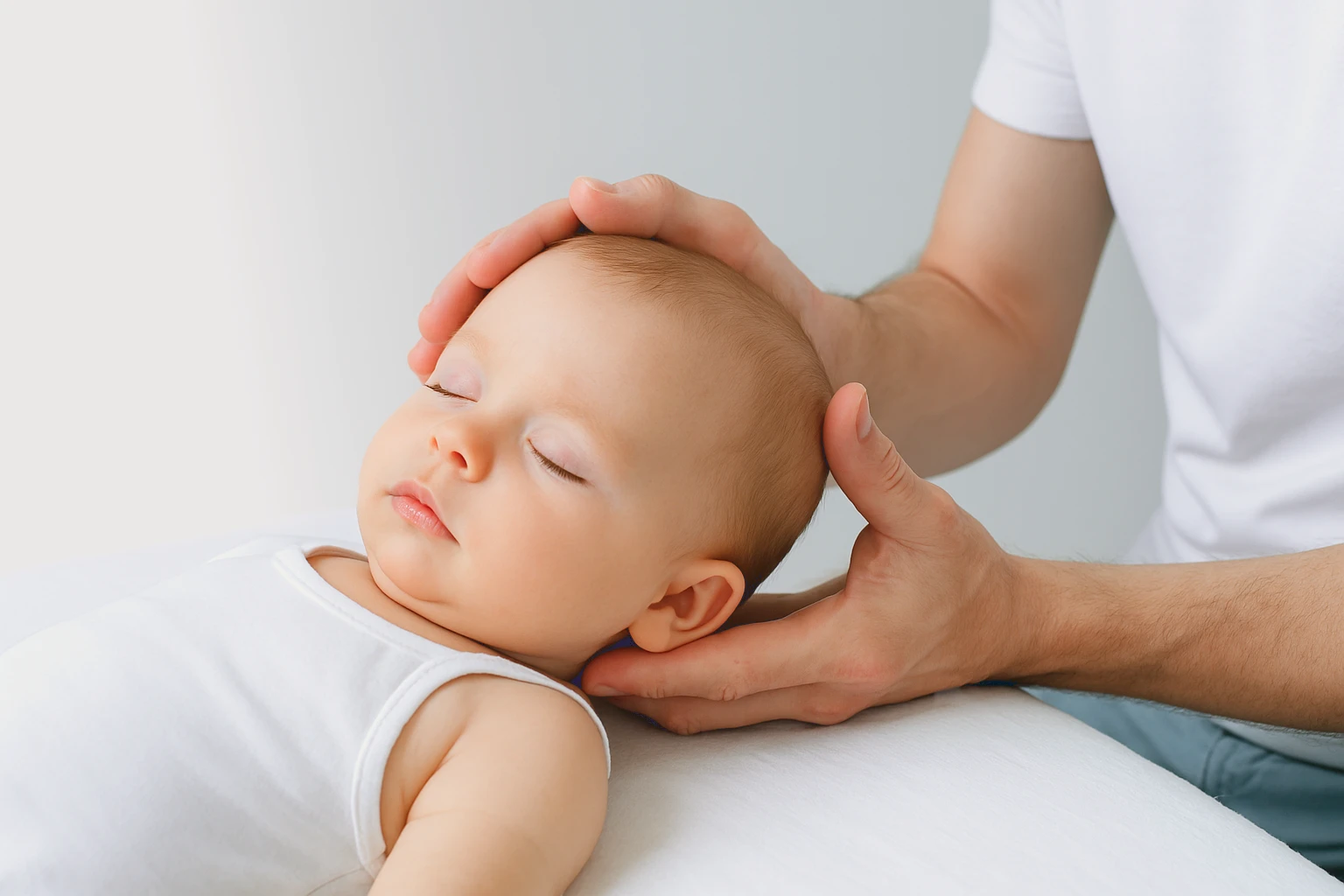 osteopata cogiendo la cabeza de un bebe
