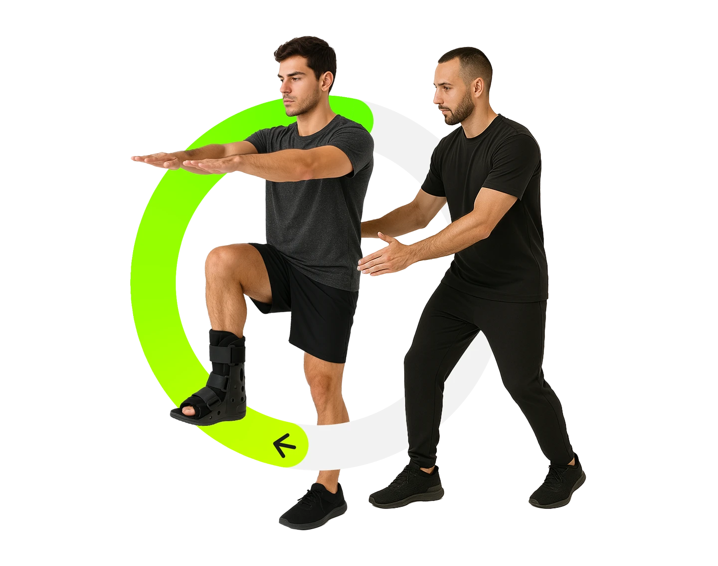 fisioterapeuta ayudando a paciente traumatologico con bota walker a hacer ejercicios de propiocepcion